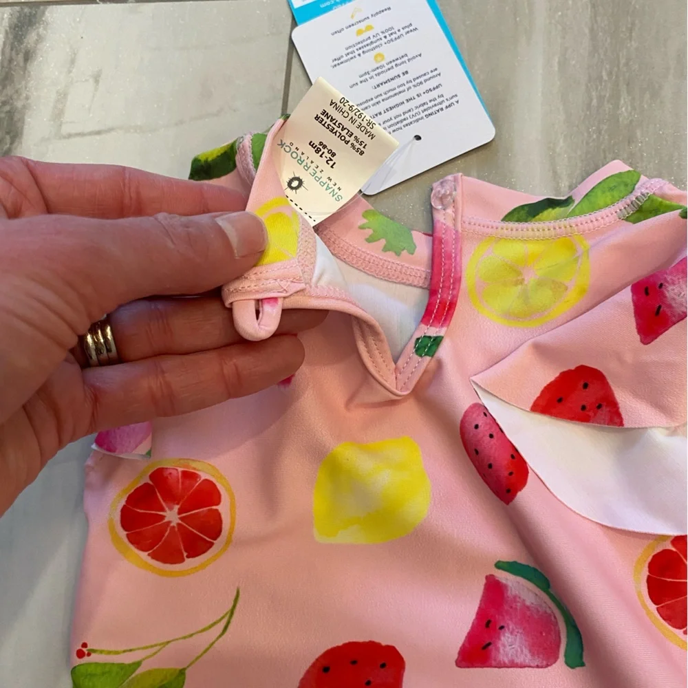 NWT Pink Snapper Rock Short Ruffle Sleeve Rash Guard with Fruit, Size 12-18M